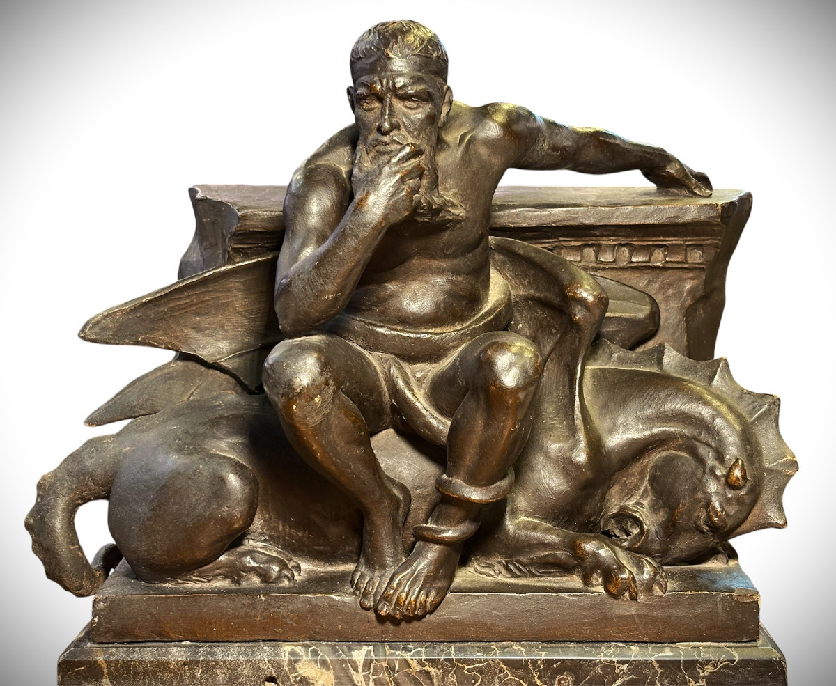 Painted Terracotta Sculpture: Minos, The Guardian Of The Underworld. Italy, 20th Century