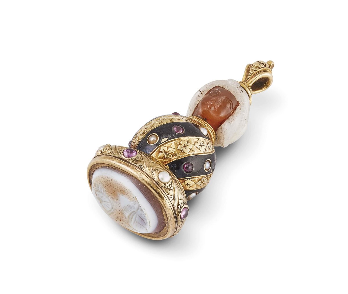 Gold, Enamel, Ruby, Pearl And Hardstone Seal Pendant, 19th Century-photo-3