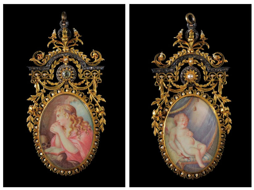 Pendentif en or, argent, diamants et perles avec double miniature. Espagne XIXᵉ siècle