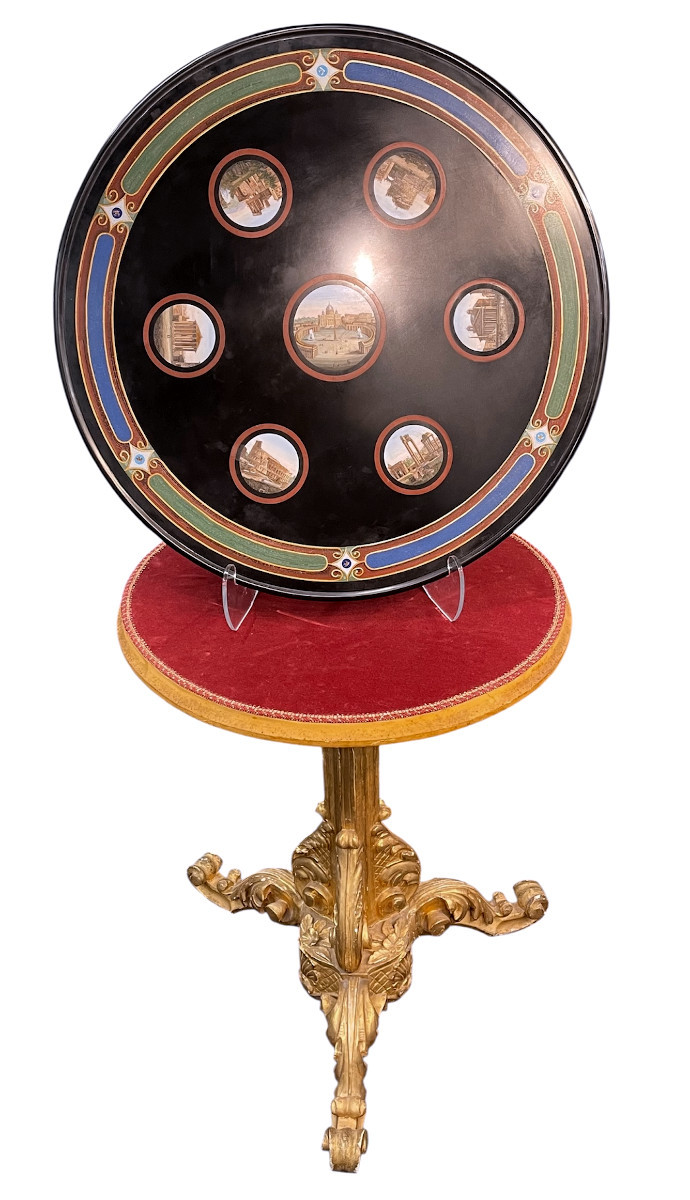 PLATEAU DE TABLE  EN  MICROMOSAÏQUES AVEC VUES DE ROME-photo-3