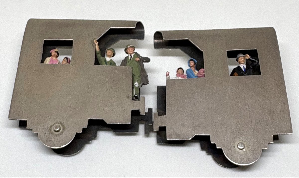 Silver "railroad Car" Double-clip Brooch, Circa  1960-photo-3