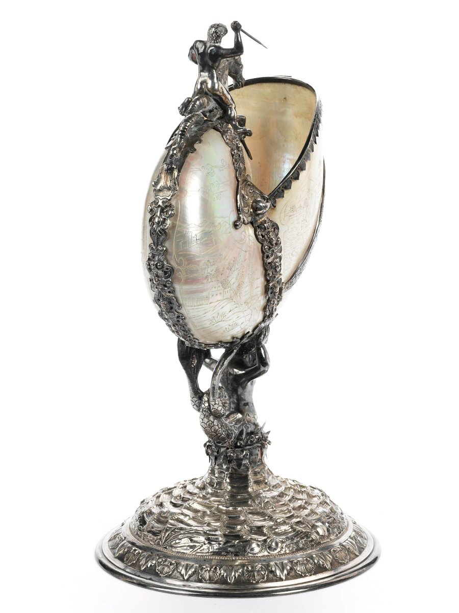Grande coupe en nautile gravé et argent ciselé, décor mythologique, Hollande XIXe siècle-photo-2