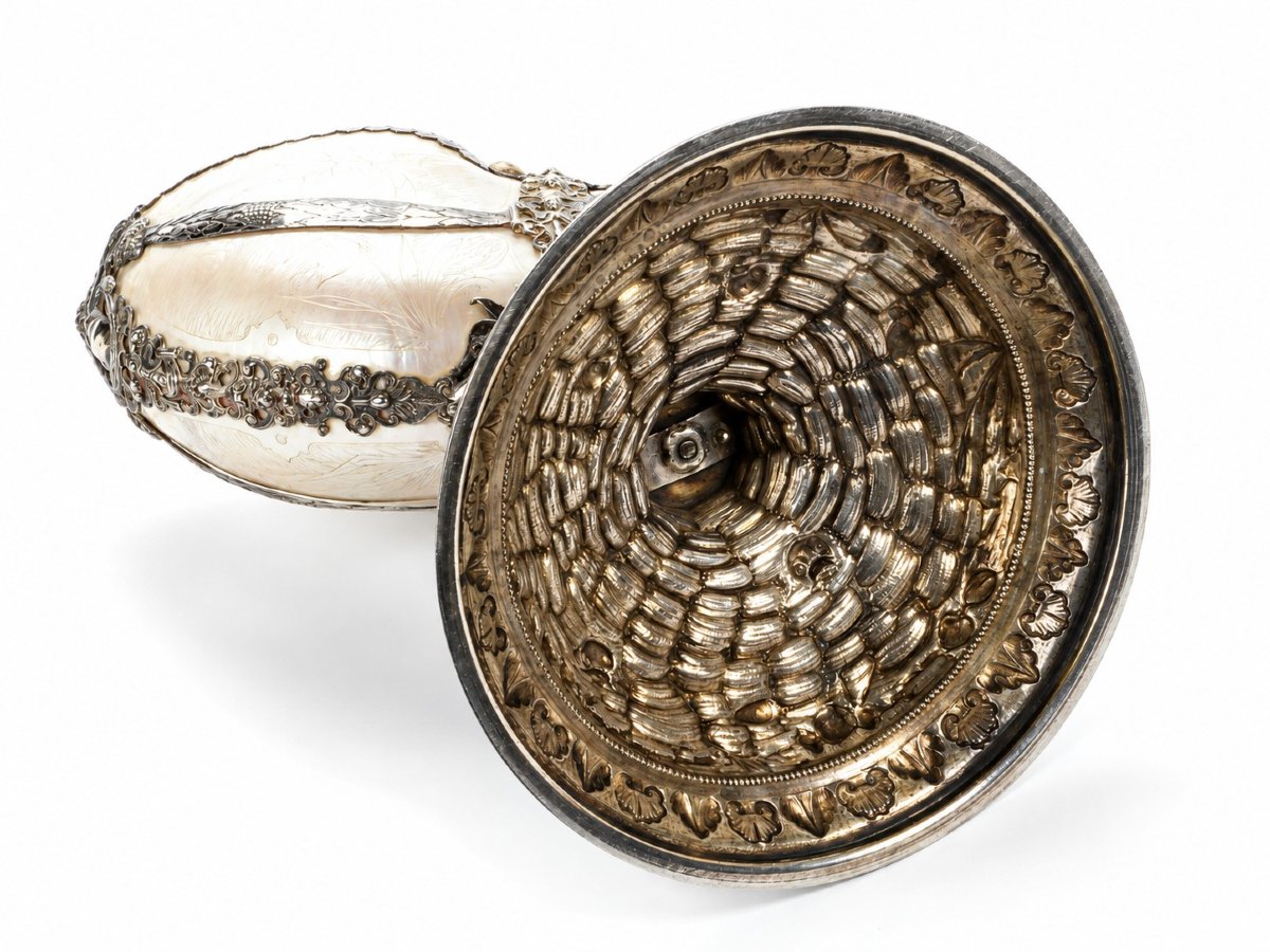 Grande coupe en nautile gravé et argent ciselé, décor mythologique, Hollande XIXe siècle-photo-2