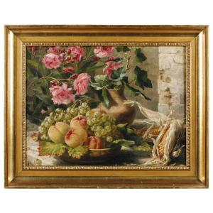 Anthonore Christensen (Danemark, 1849 – 1926), Nature morte aux fleurs et épis de maïs