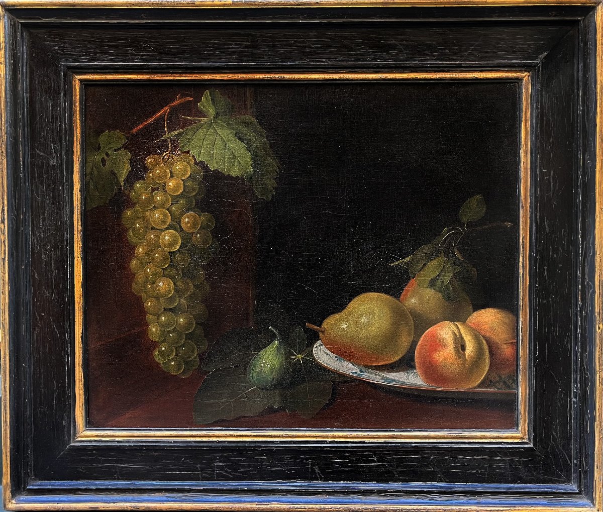 Nature morte aux fruits et à l'assiette de Delft – Attribué à Gillis van Hulsdonck
