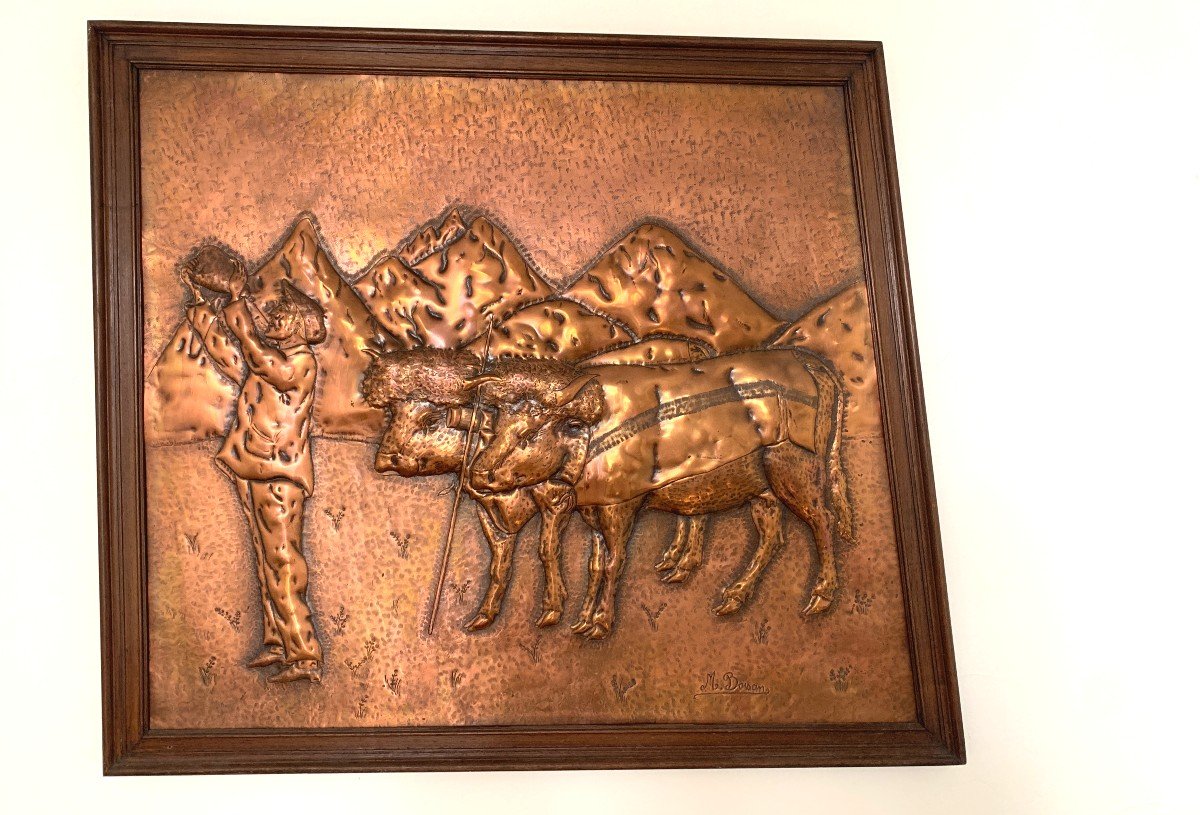 Grand Panneau Basque En Laiton Repoussé M. Boiscan-photo-1