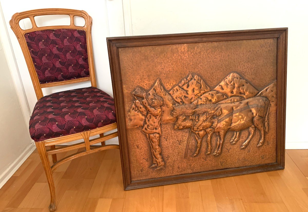 Grand Panneau Basque En Laiton Repoussé M. Boiscan