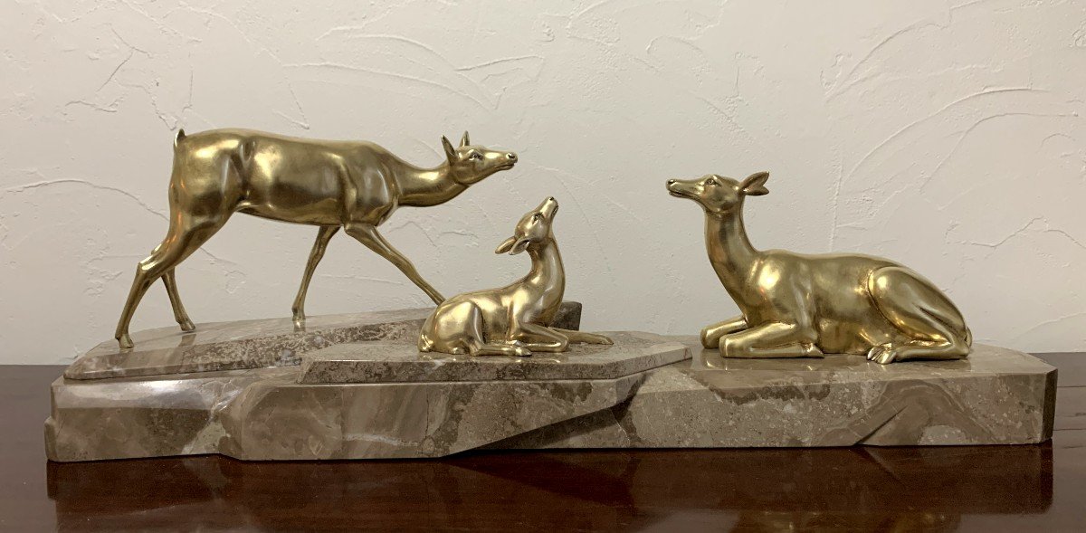 J. Brault Groupe De Cervidés  Art Déco En Bronze