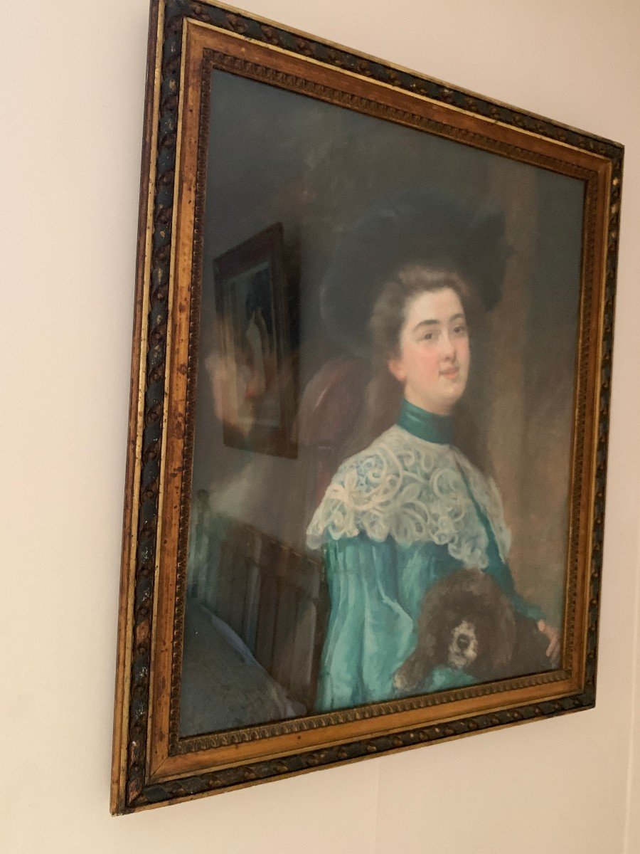 Pastel Art Déco " Jeune Femme Et Son Caniche " De Marguerite Jacquelin-photo-4