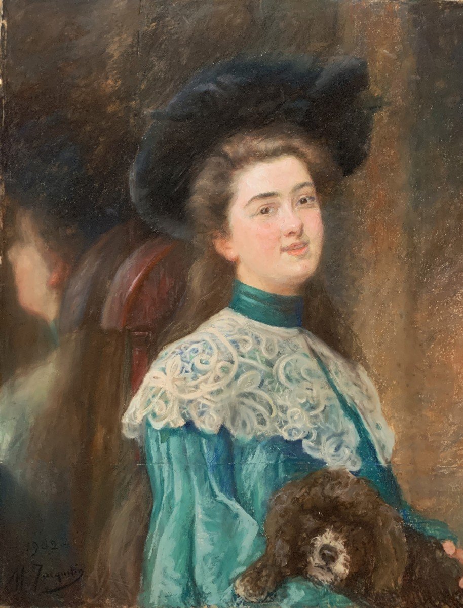 Pastel Art Déco " Jeune Femme Et Son Caniche " De Marguerite Jacquelin