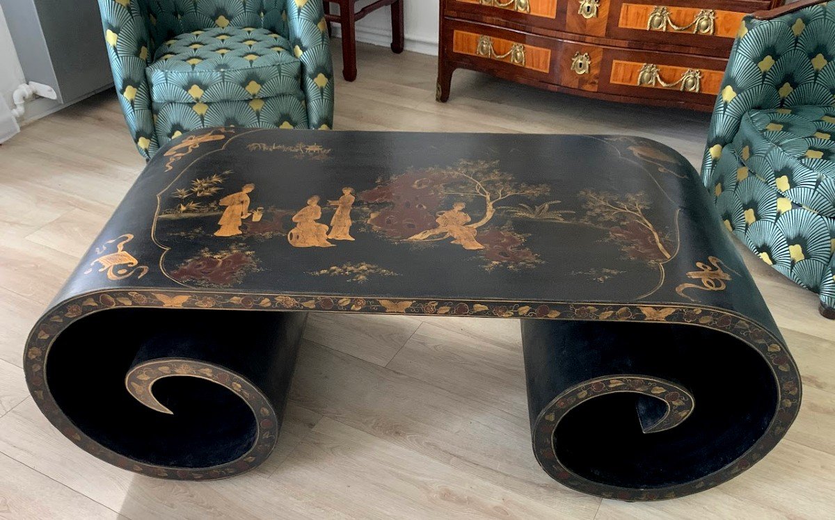 Scholar's Coffee Table With Rollers In Black Lacquer And Gold China -photo-2