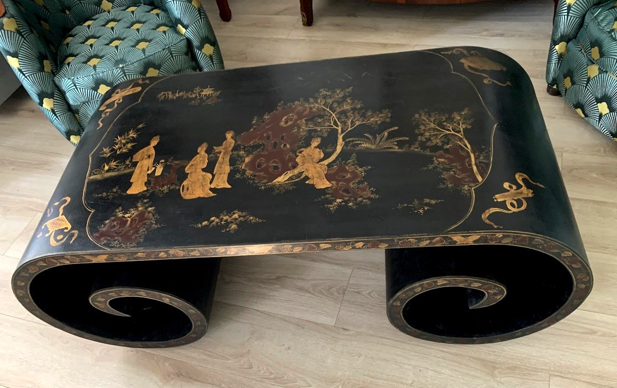 Scholar's Coffee Table With Rollers In Black Lacquer And Gold China -photo-3