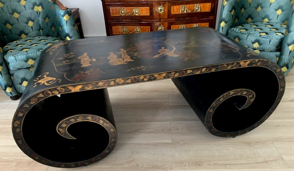 Scholar's Coffee Table With Rollers In Black Lacquer And Gold China -photo-6