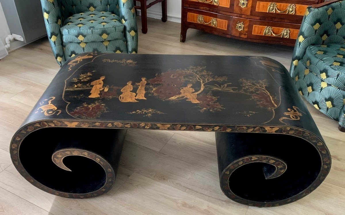 Scholar's Coffee Table With Rollers In Black Lacquer And Gold China 