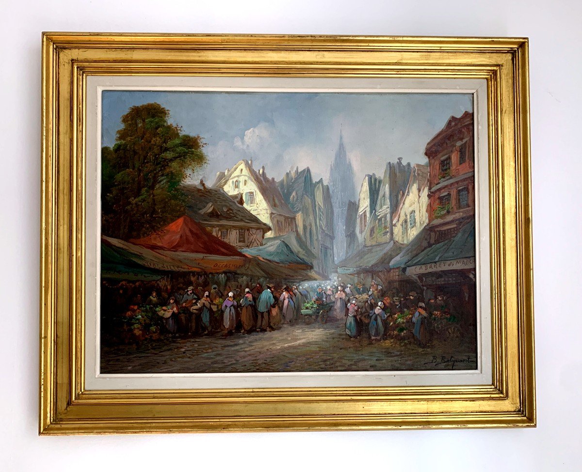 B. Baliquant Oil On Canvas "animated Market Scene" 