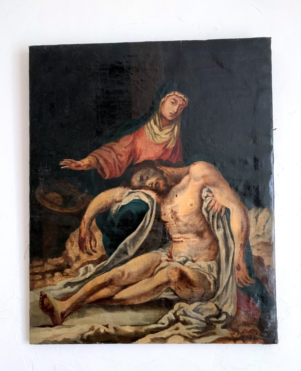 Religious Painting Oil On Canvas "the Deposition Of Christ" 18th-photo-2