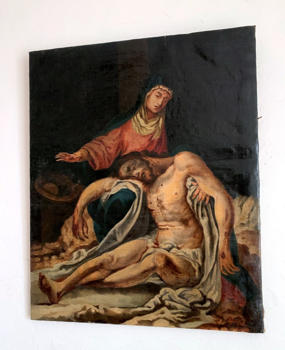 Religious Painting Oil On Canvas "the Deposition Of Christ" 18th