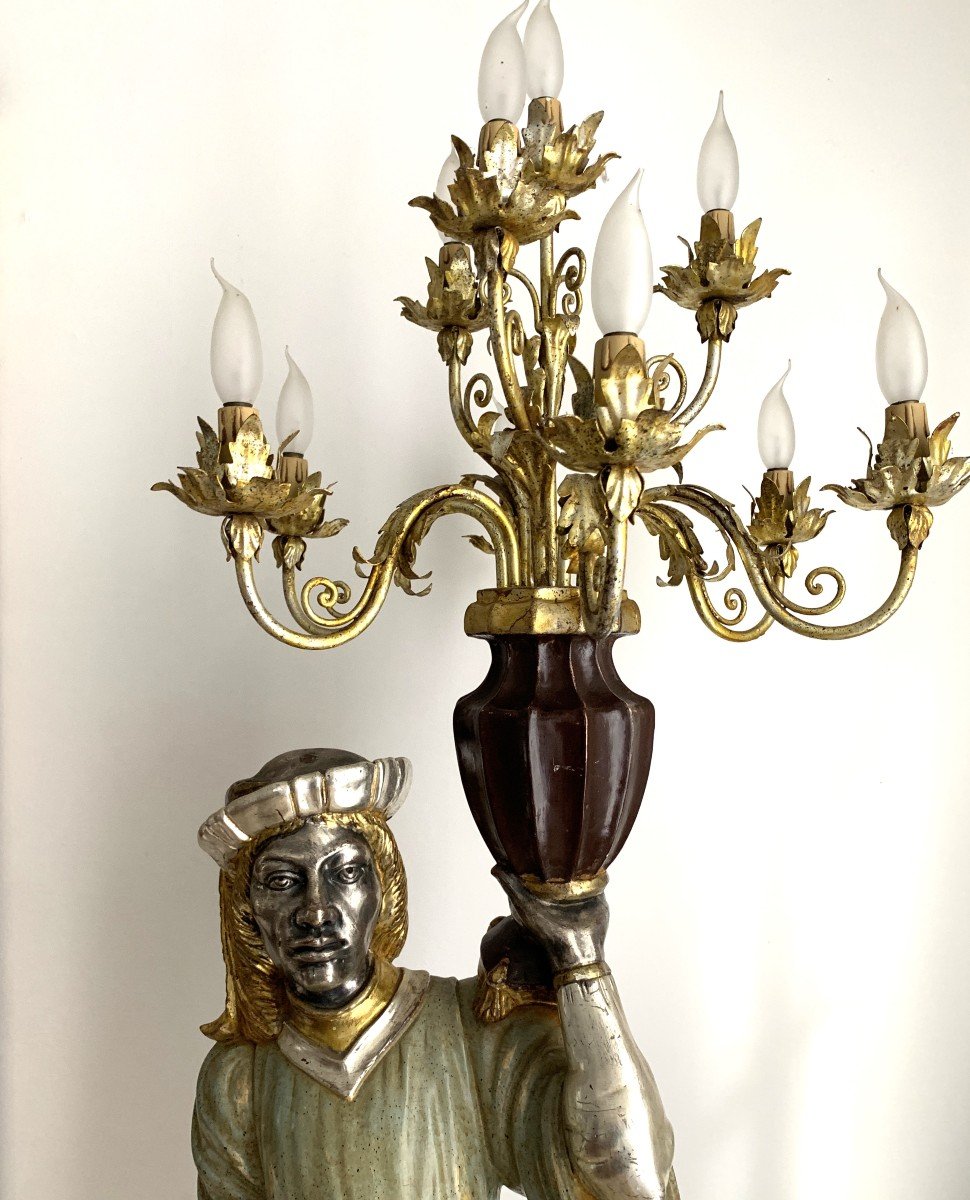 Lampadaire Torchère Personnage  Vénitien En Bois Argenté Polychrome-photo-1