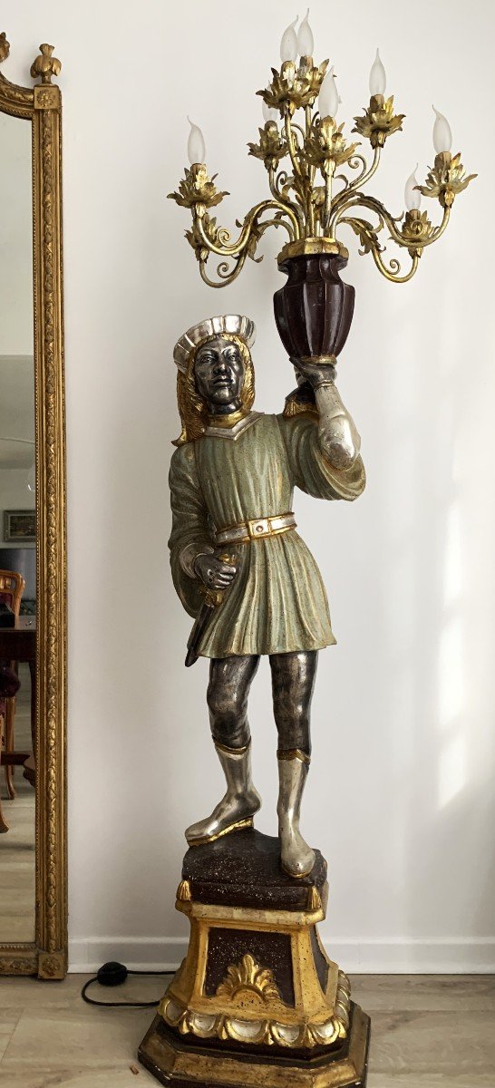 Lampadaire Torchère Personnage  Vénitien En Bois Argenté Polychrome-photo-2