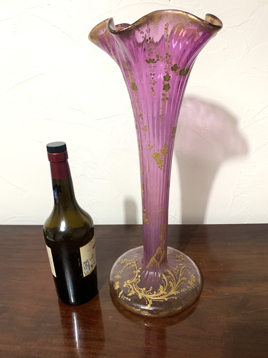 Large Soliflore Vase In Enameled Glass Enhanced With Gold-photo-2