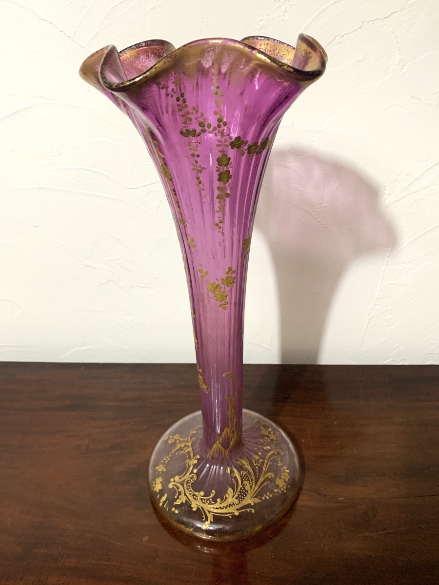 Large Soliflore Vase In Enameled Glass Enhanced With Gold