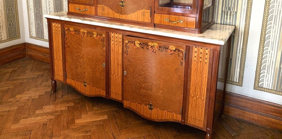 Art Deco Buffet Marquetry Wood, Mother-of-pearl, Glass Paste And Bronze-photo-3