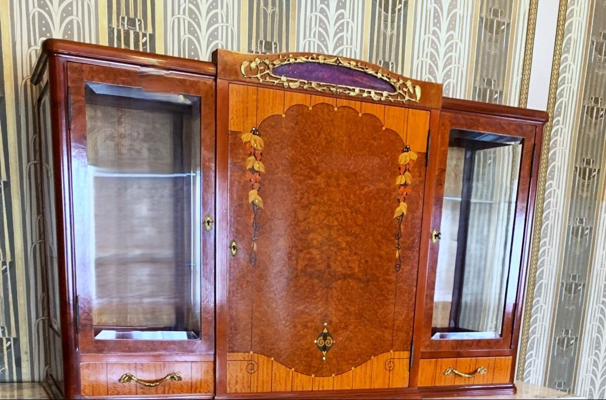 Art Deco Buffet Marquetry Wood, Mother-of-pearl, Glass Paste And Bronze-photo-4