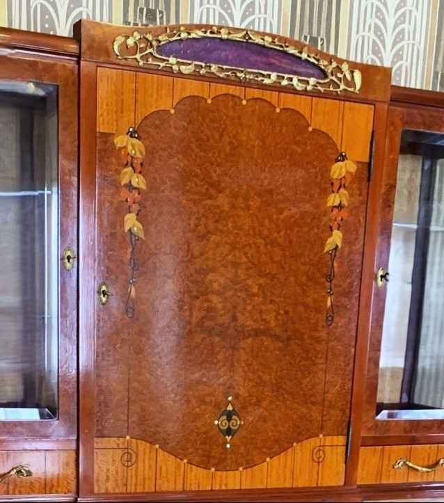 Art Deco Buffet Marquetry Wood, Mother-of-pearl, Glass Paste And Bronze-photo-2
