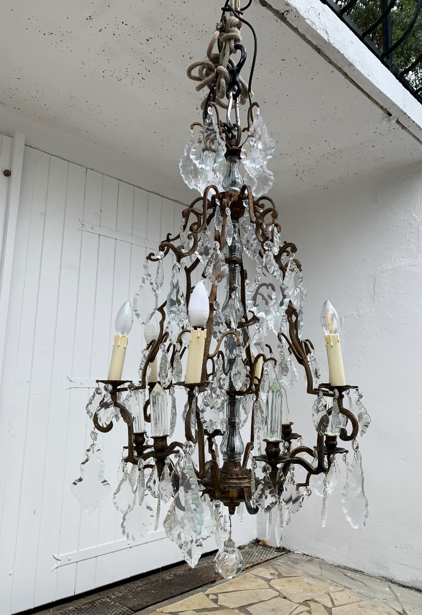 Bronze And Crystal Cage Chandelier With Six Lights