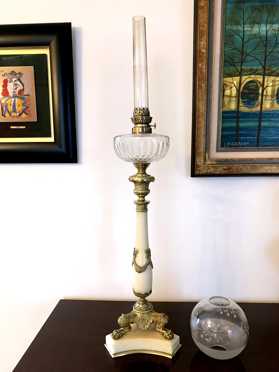 Bronze Onyx And Baccarat Crystal Oil Lamp.-photo-1