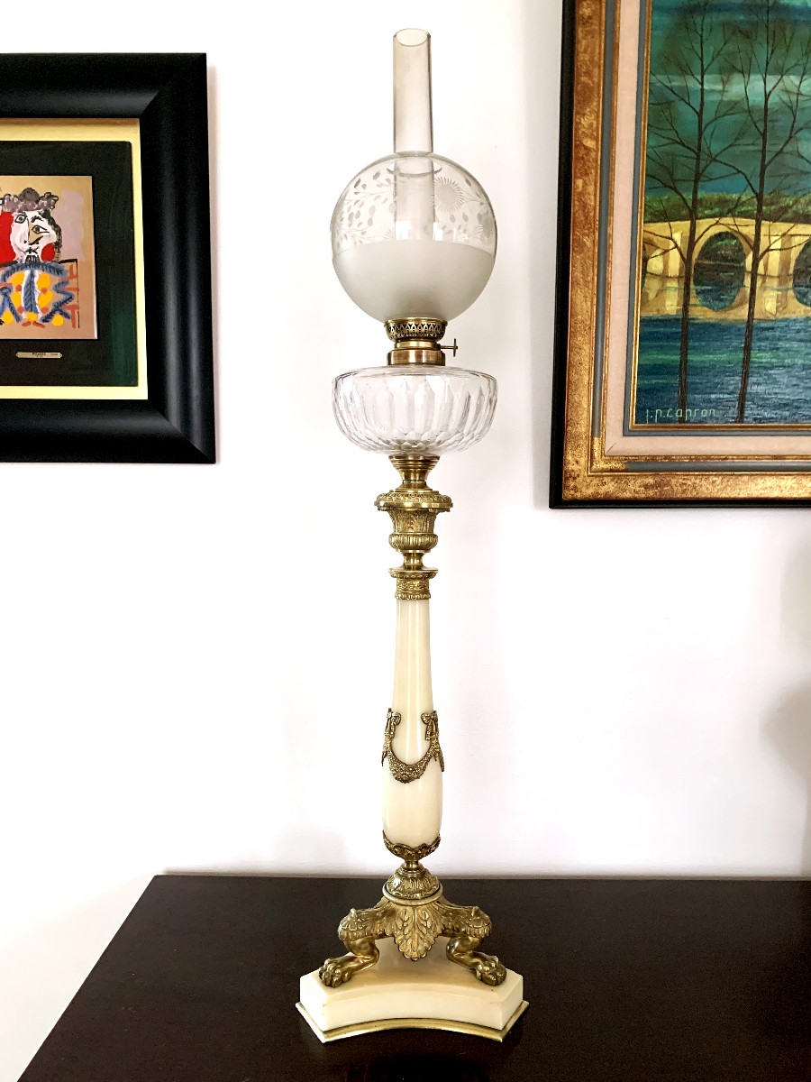 Bronze Onyx And Baccarat Crystal Oil Lamp.