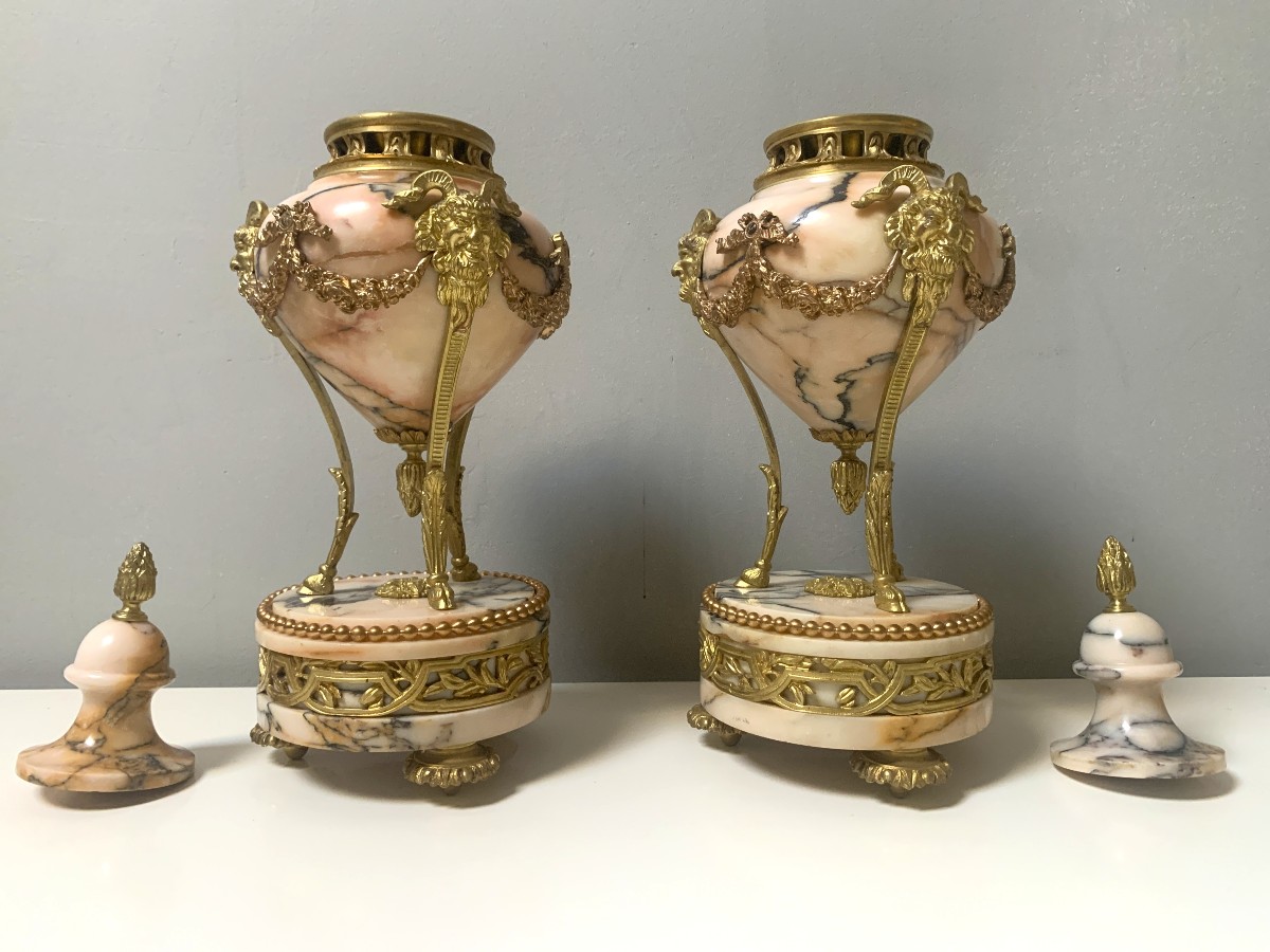 Pair Of Bronze And Marble Covered Casseroles Or Pots-photo-2