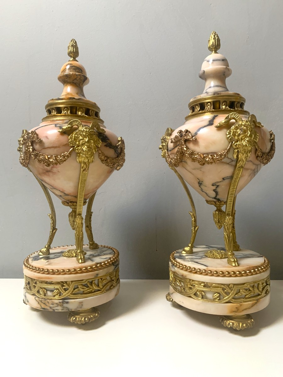 Pair Of Bronze And Marble Covered Casseroles Or Pots