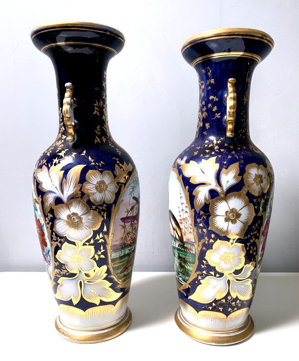 Pair Of Paris Porcelain Vases With Bird And Flower Bouquet Decor -photo-3