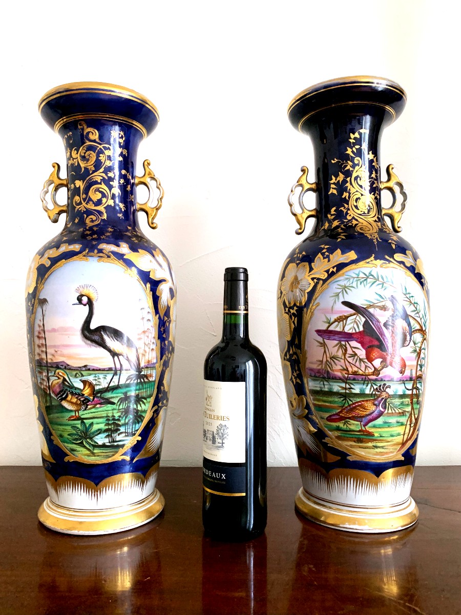 Pair Of Paris Porcelain Vases With Bird And Flower Bouquet Decor -photo-4