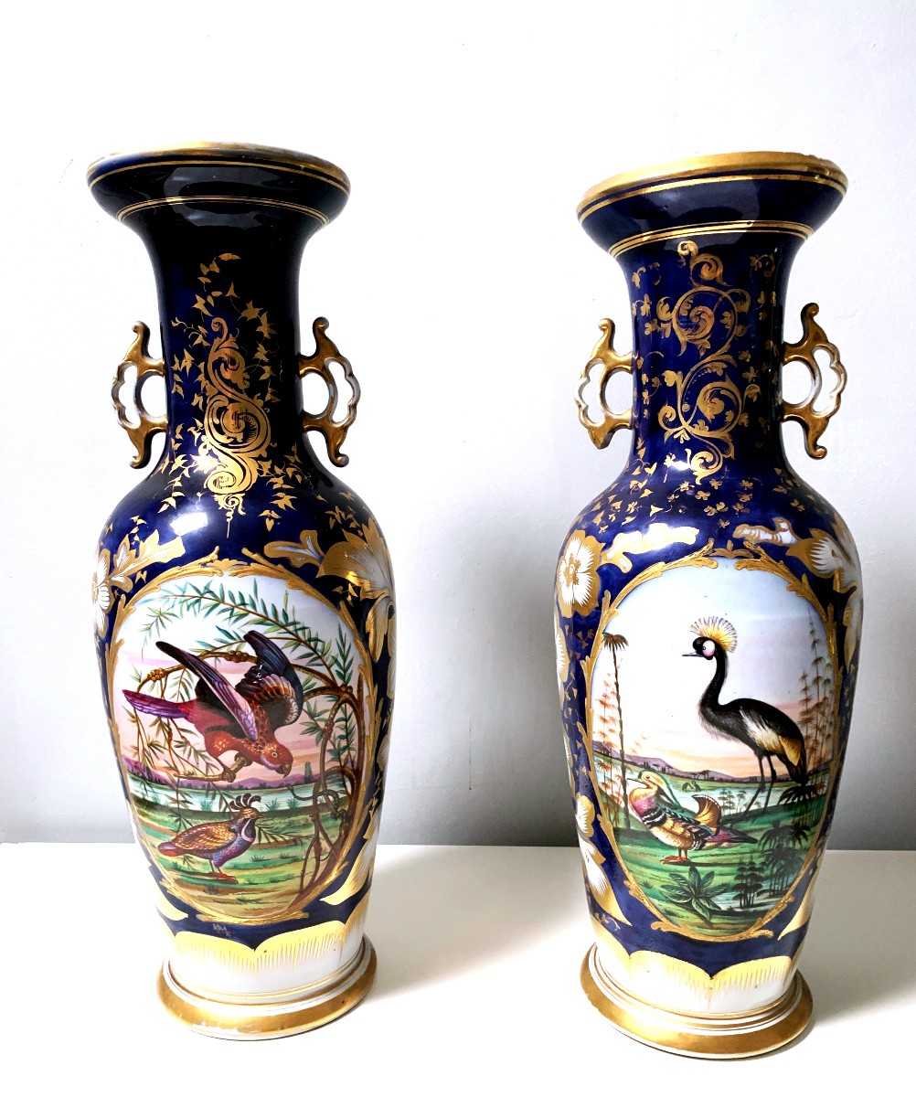 Pair Of Paris Porcelain Vases With Bird And Flower Bouquet Decor -photo-5