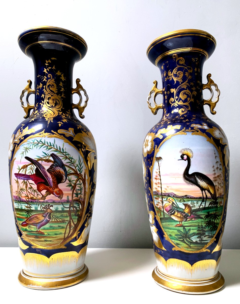 Pair Of Paris Porcelain Vases With Bird And Flower Bouquet Decor -photo-6