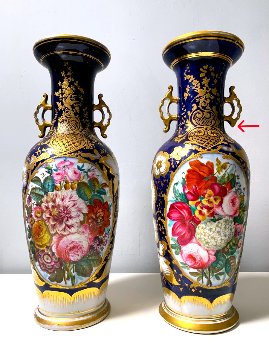 Pair Of Paris Porcelain Vases With Bird And Flower Bouquet Decor -photo-7