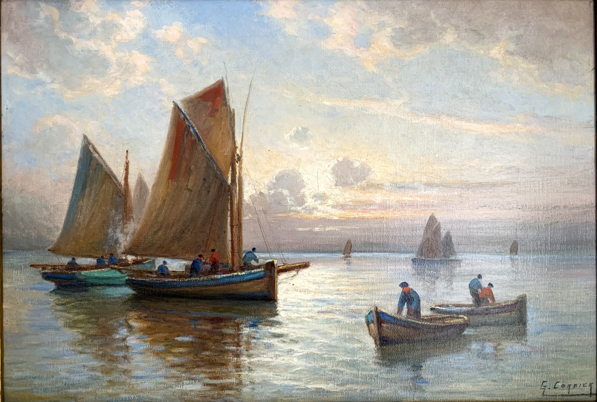 Gaston Corbier huile sur toile " marine scène de pêche "-photo-2