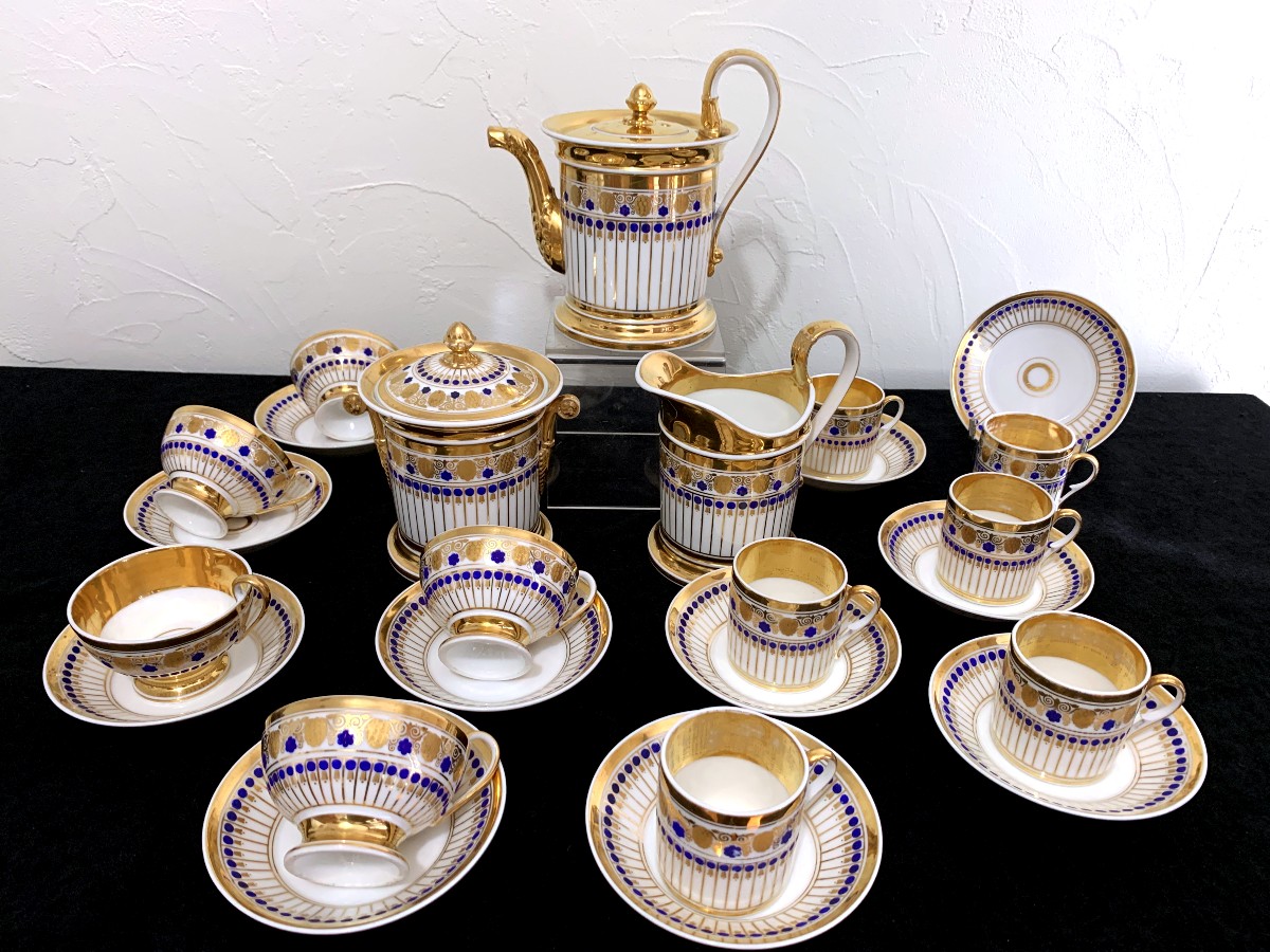 Service à café et thé en porcelaine de Paris bleue et or-photo-6