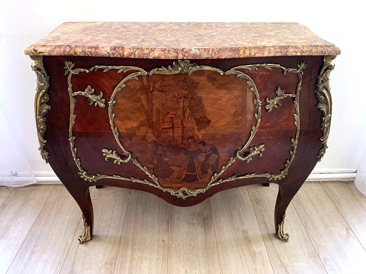 Commode galbée marqueterie et bronze " scène de colin-maillard "-photo-2