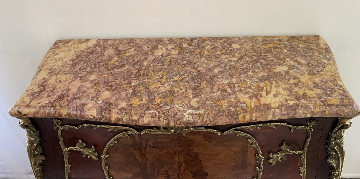 Commode galbée marqueterie et bronze " scène de colin-maillard "-photo-3