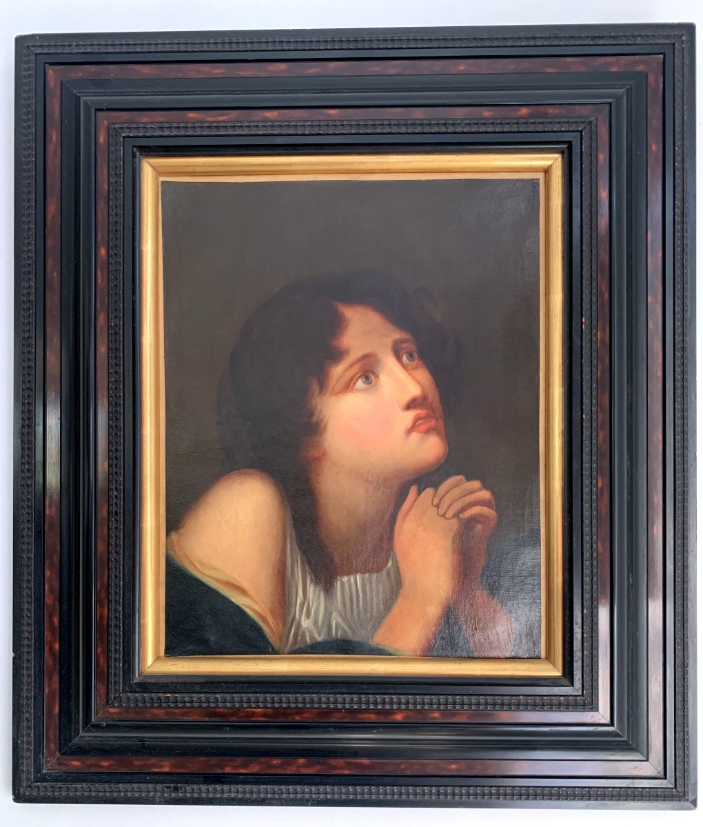 Huile sur toile " jeune fille en prière "-photo-2