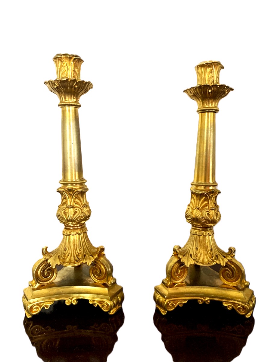 Pair Of Gilt Bronze Candlesticks From The Restoration Period-photo-2