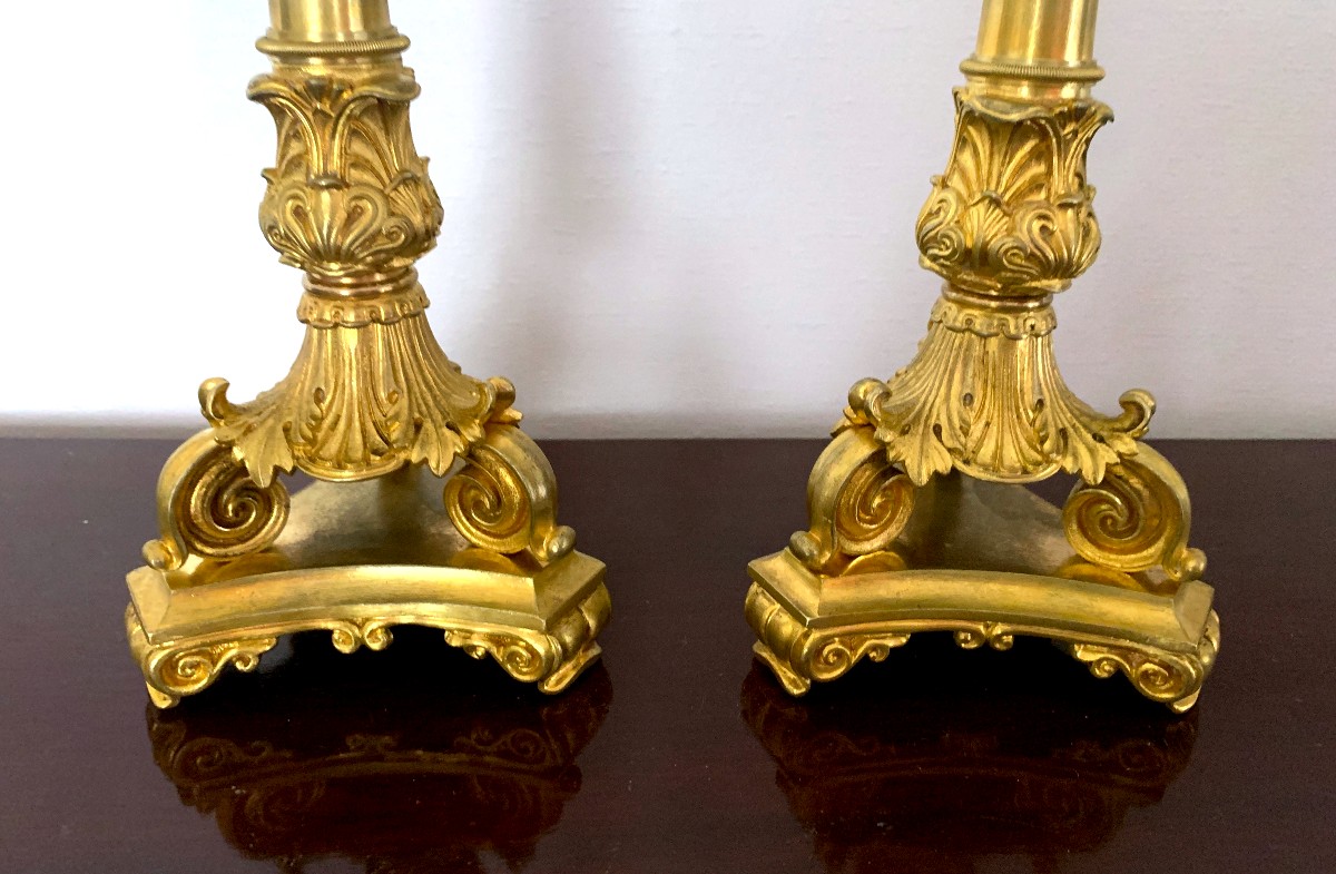Pair Of Gilt Bronze Candlesticks From The Restoration Period-photo-3