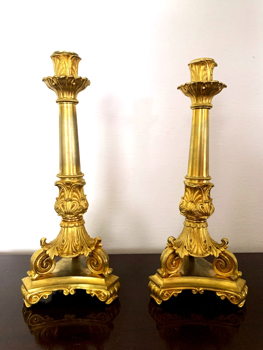Pair Of Gilt Bronze Candlesticks From The Restoration Period