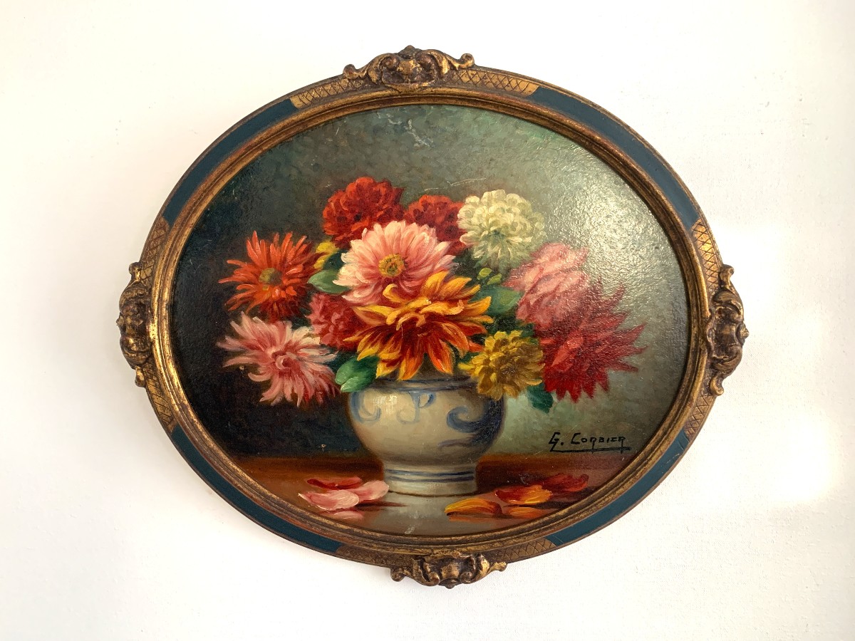 Gaston Corbier tableau Art Déco " les Dahlias  "-photo-3