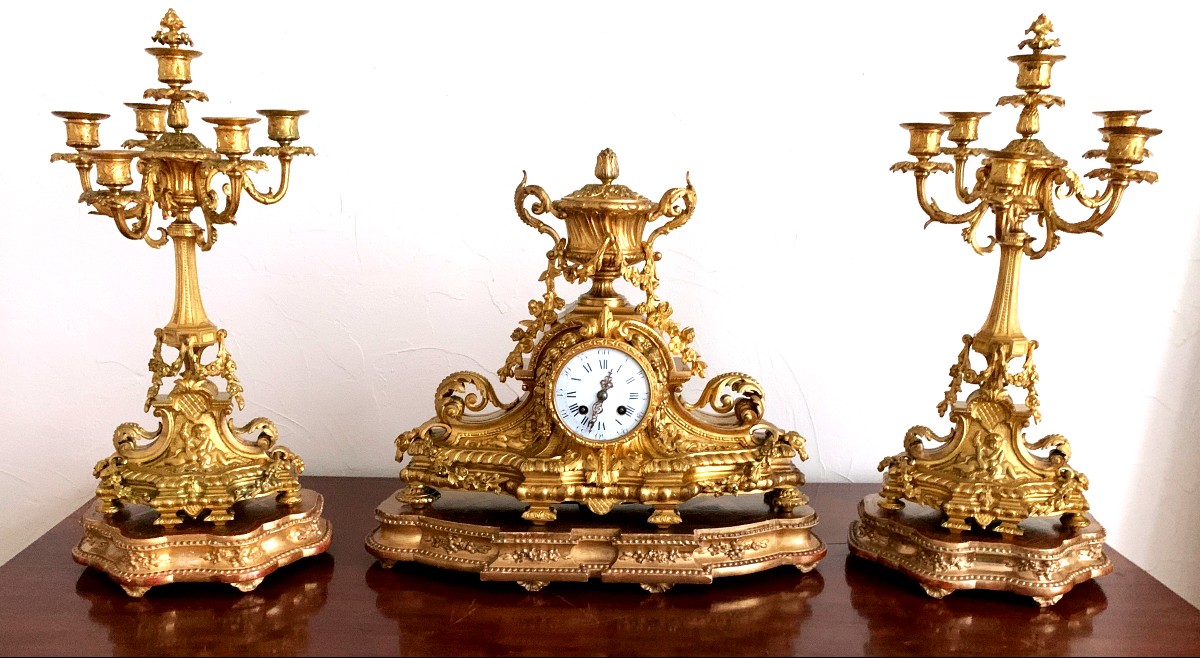 Louis XVI Style Gilt Bronze Mantelpiece Set, Napoleon III Period-photo-3