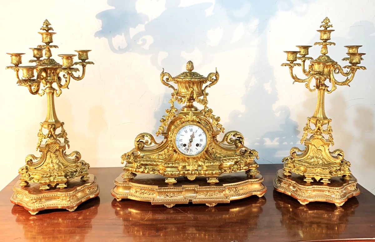 Louis XVI Style Gilt Bronze Mantelpiece Set, Napoleon III Period-photo-4