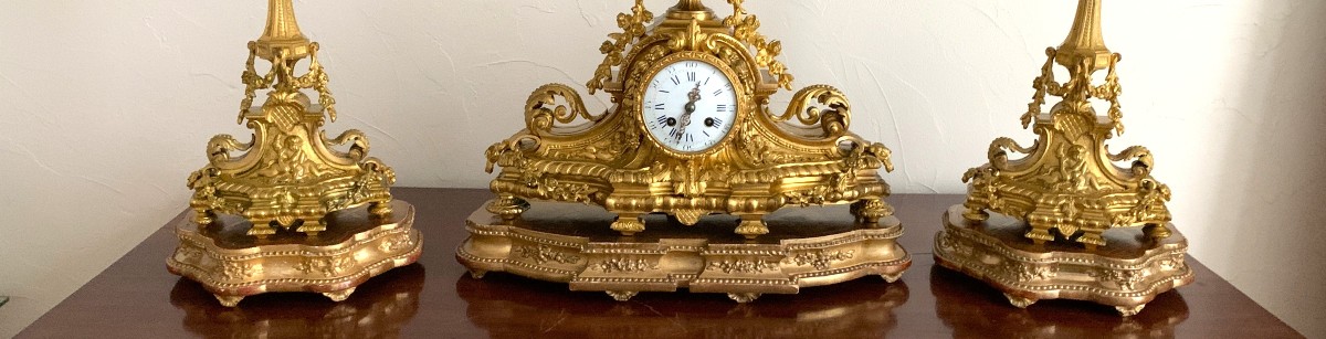 Louis XVI Style Gilt Bronze Mantelpiece Set, Napoleon III Period-photo-5